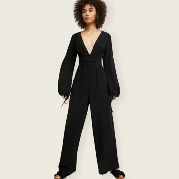 Free People Jumpsuit Small Linen Blend Wide Leg True Lovin One Piece V Neck Boho - Picture 1 of 11